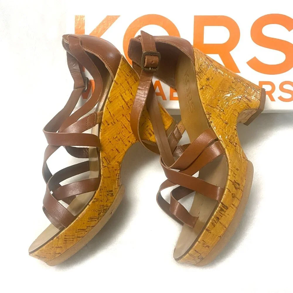 size 8.5 Michael Kors Glossy Cork Sandal, Luggage Brown Strappy Platform‎ Heel
